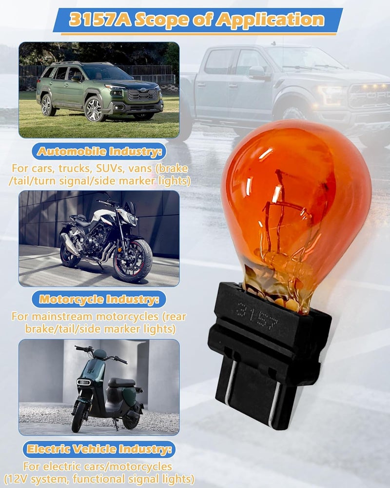 IWIWE 3157A (Amber) Auto Light Bulb 10 Pack – Compatible with 3047/3057/3157LL/3157K/3457/3757/4057/4157, for Cars/Trucks/SUVs (Brake/Tail/Side Marker/Turn Signal Lights) - Image 5